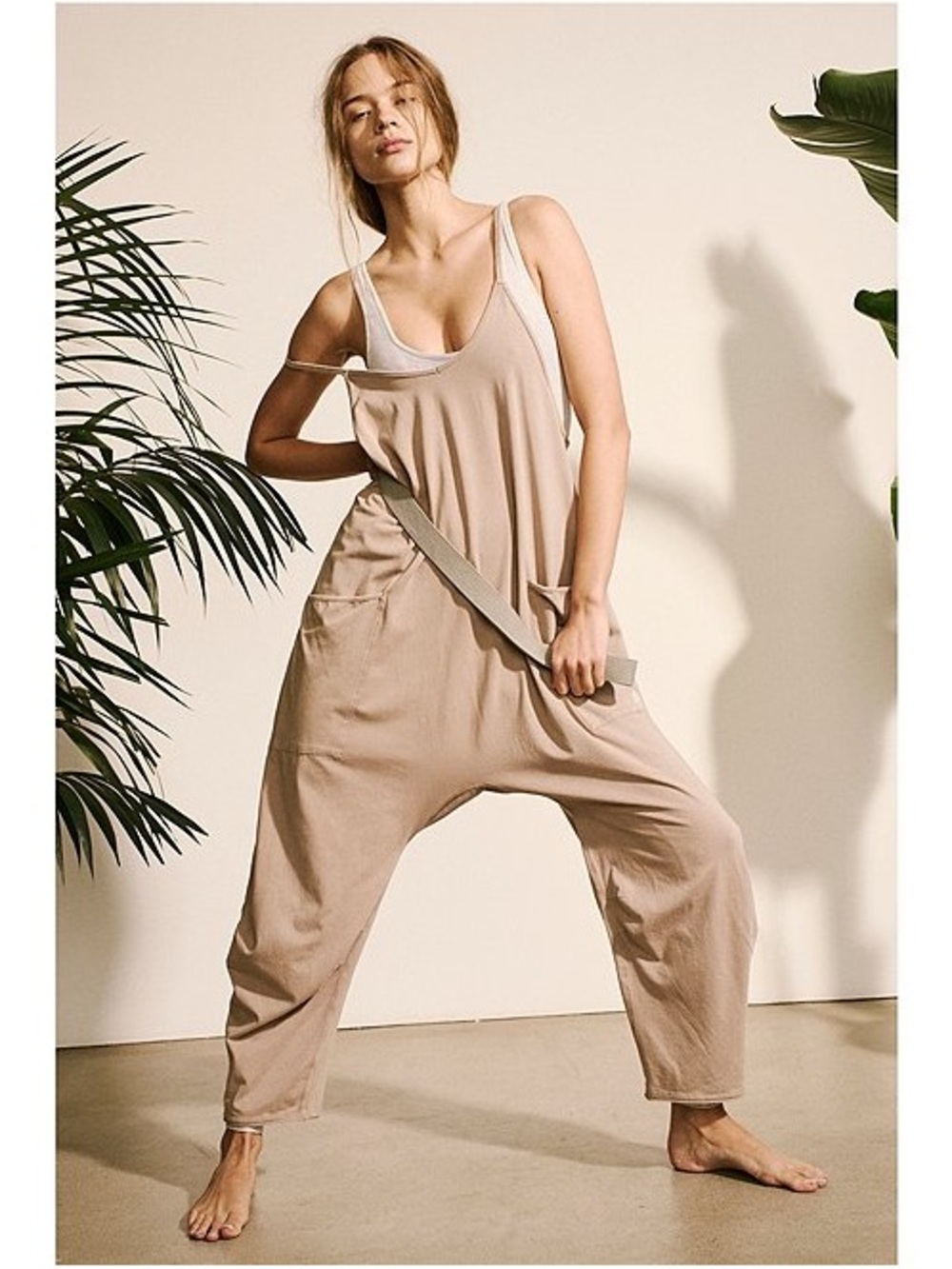 Free People Beige tan Tank hot shots Jumpsuit with Pockets large l